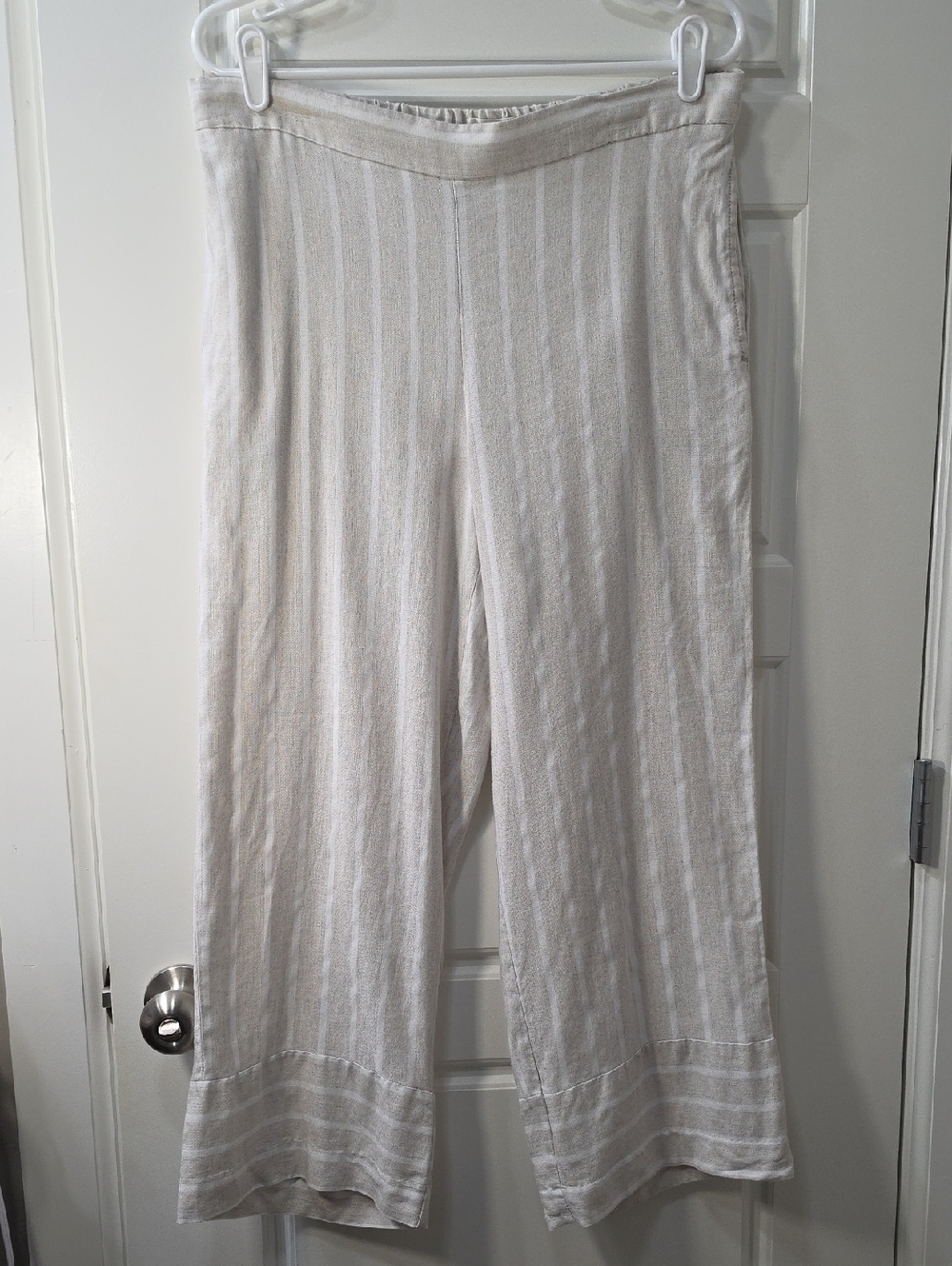 LOFT Cream Striped Wide-Leg Linen Blend Pants - Medium